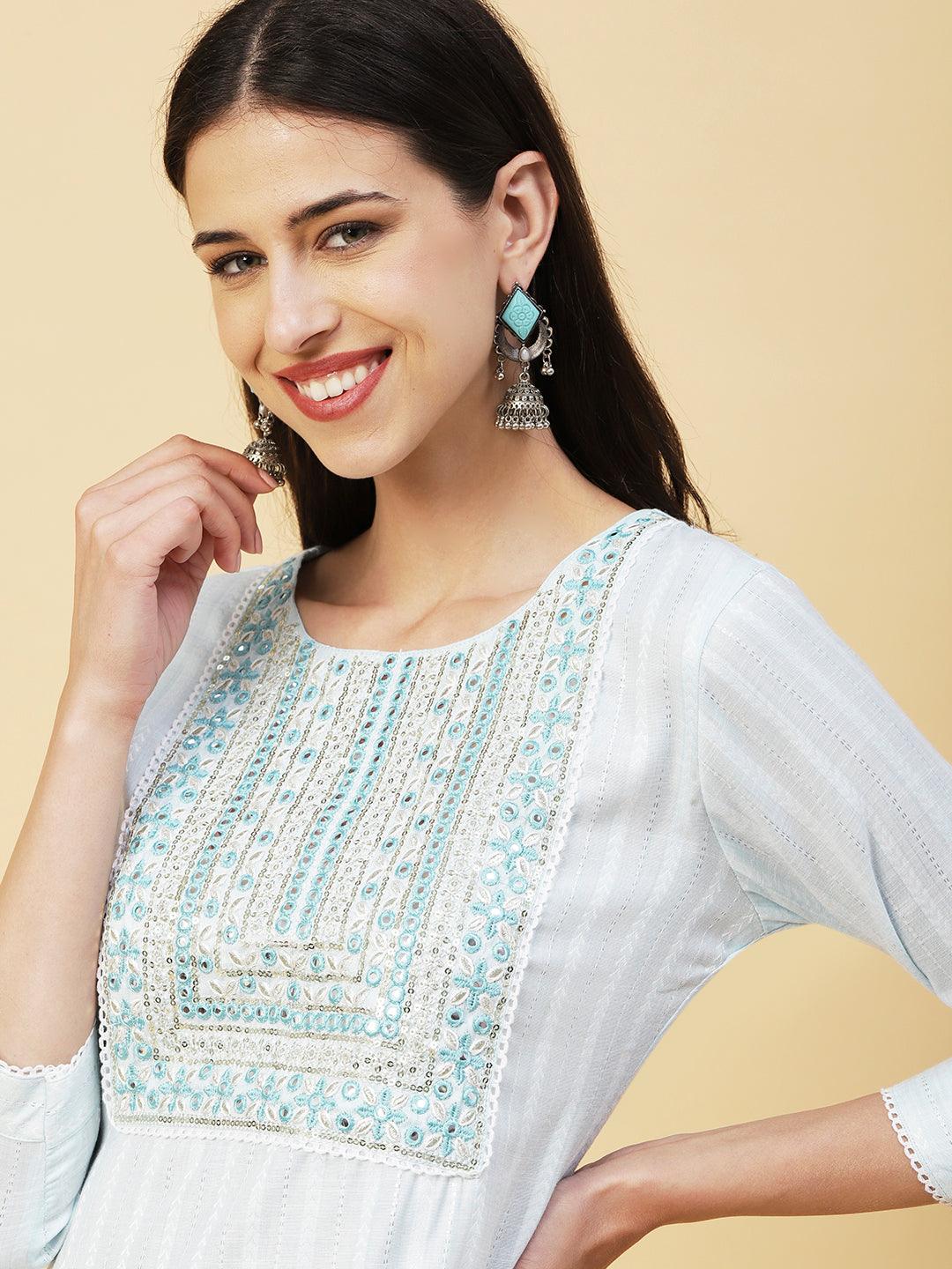 Lurex Striped Dobby Design Mirror & Resham Embroidered Kurta With Pants - Sky Blue - Indiakreations