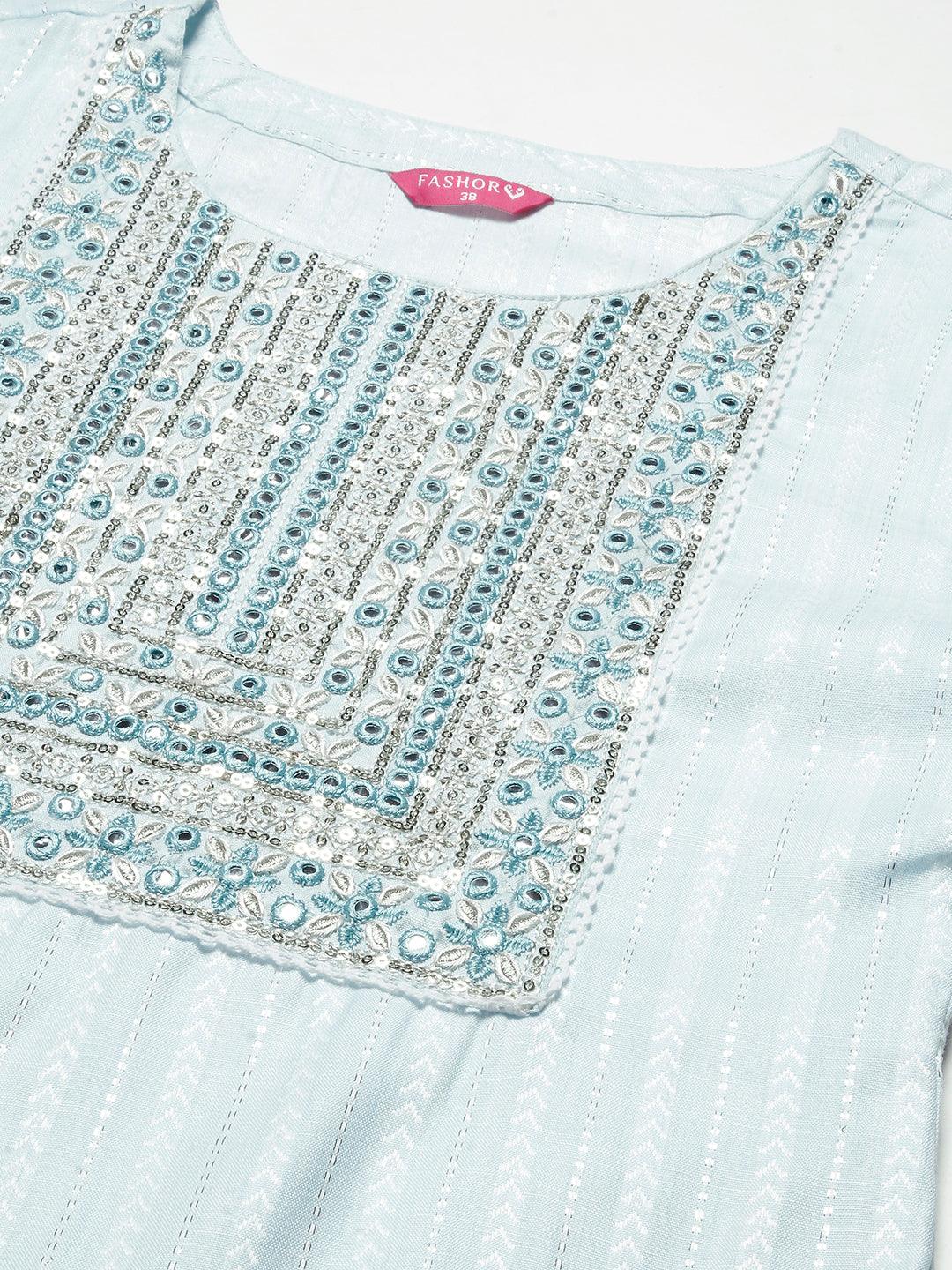 Lurex Striped Dobby Design Mirror & Resham Embroidered Kurta With Pants - Sky Blue - Indiakreations