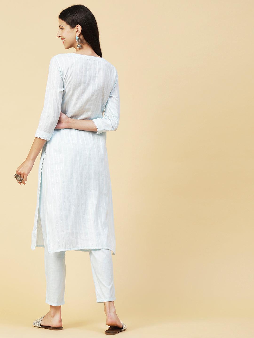 Lurex Striped Dobby Design Mirror & Resham Embroidered Kurta With Pants - Sky Blue - Indiakreations