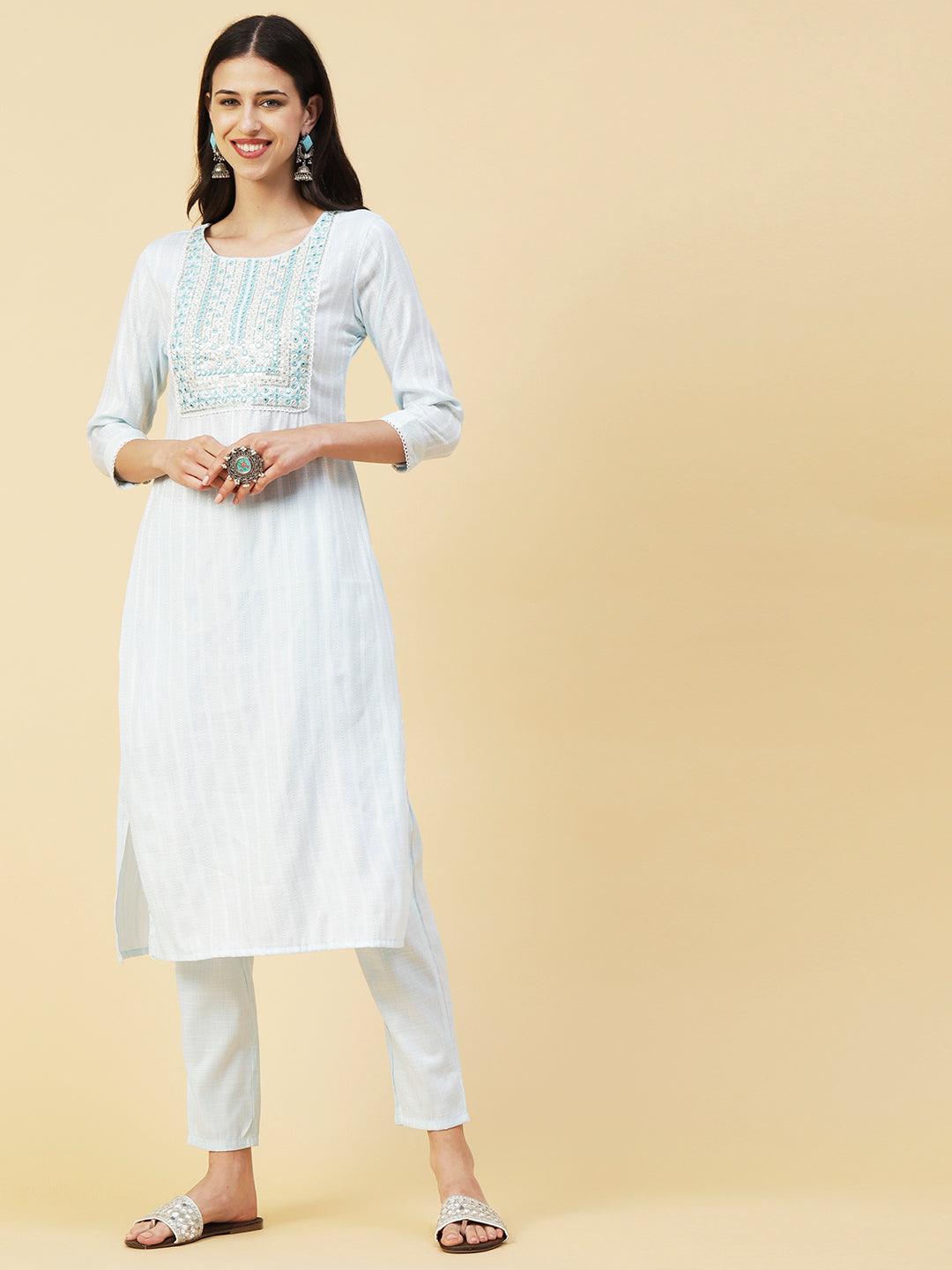 Lurex Striped Dobby Design Mirror & Resham Embroidered Kurta With Pants - Sky Blue - Indiakreations