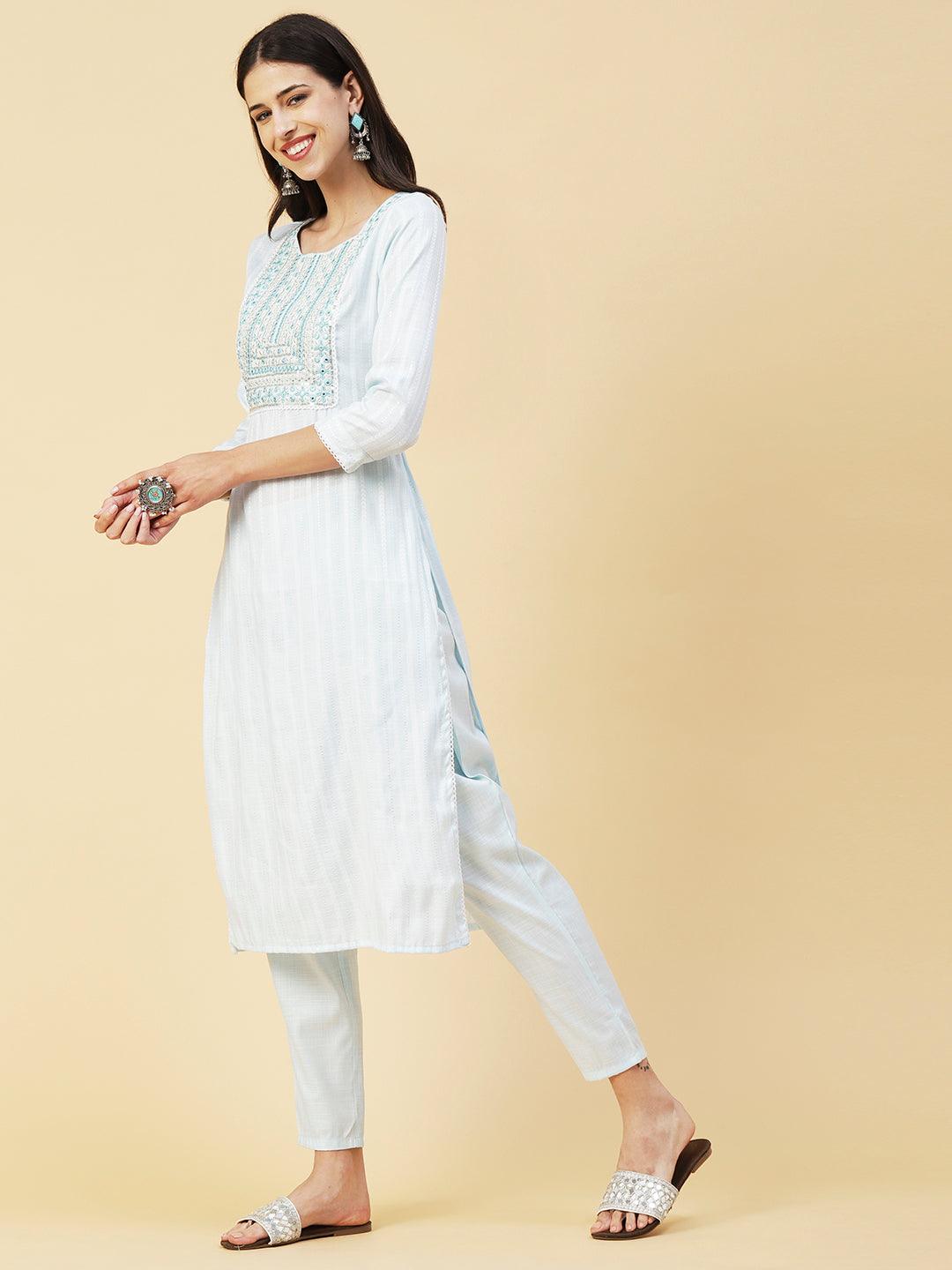 Lurex Striped Dobby Design Mirror & Resham Embroidered Kurta With Pants - Sky Blue - Indiakreations