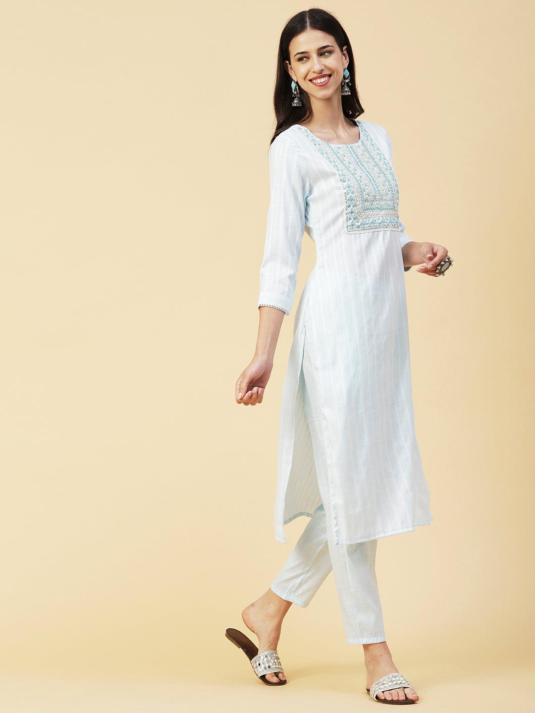 Lurex Striped Dobby Design Mirror & Resham Embroidered Kurta With Pants - Sky Blue - Indiakreations