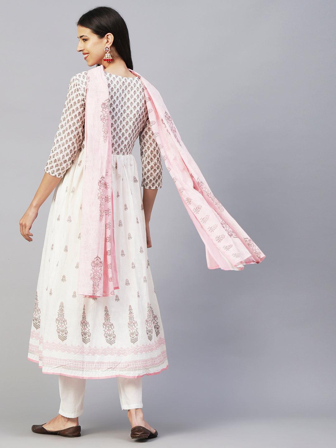 Floral Block Printed Mirror Embroidered Frock kurta with Pants & Dupatta - White & Pink - Indiakreations