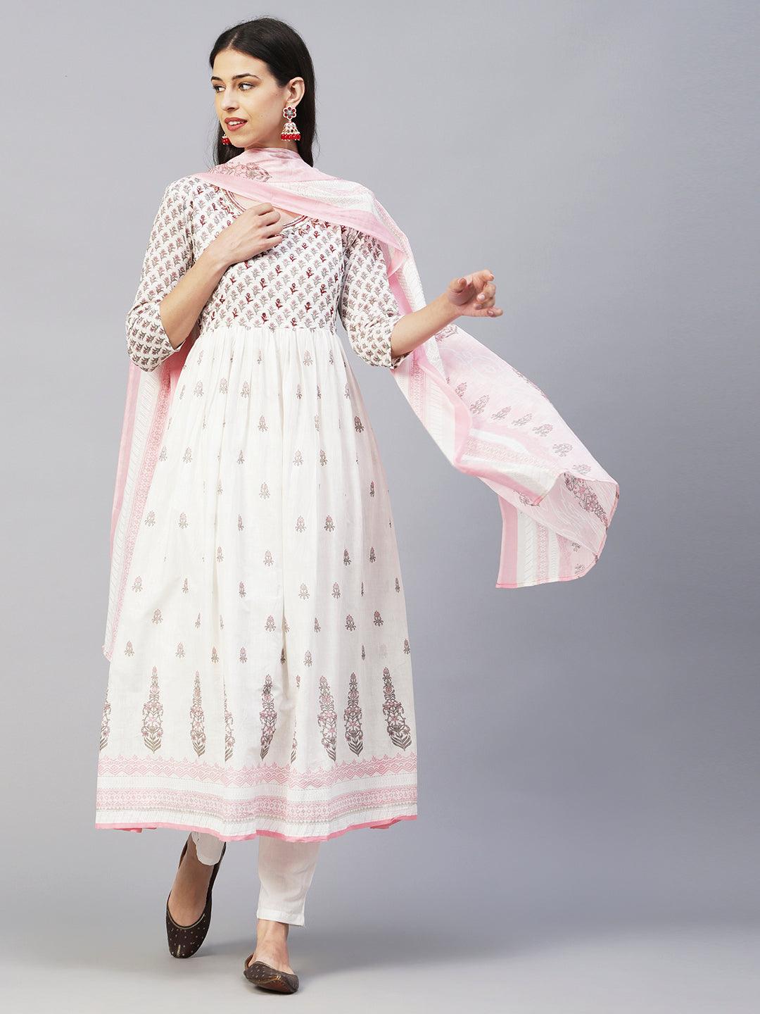 Floral Block Printed Mirror Embroidered Frock kurta with Pants & Dupatta - White & Pink - Indiakreations