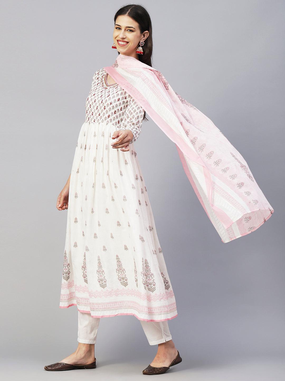 Floral Block Printed Mirror Embroidered Frock kurta with Pants & Dupatta - White & Pink - Indiakreations