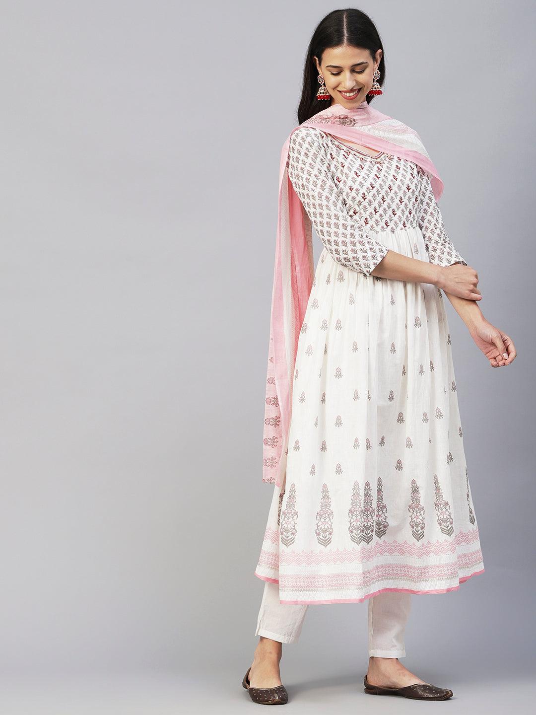 Floral Block Printed Mirror Embroidered Frock kurta with Pants & Dupatta - White & Pink - Indiakreations