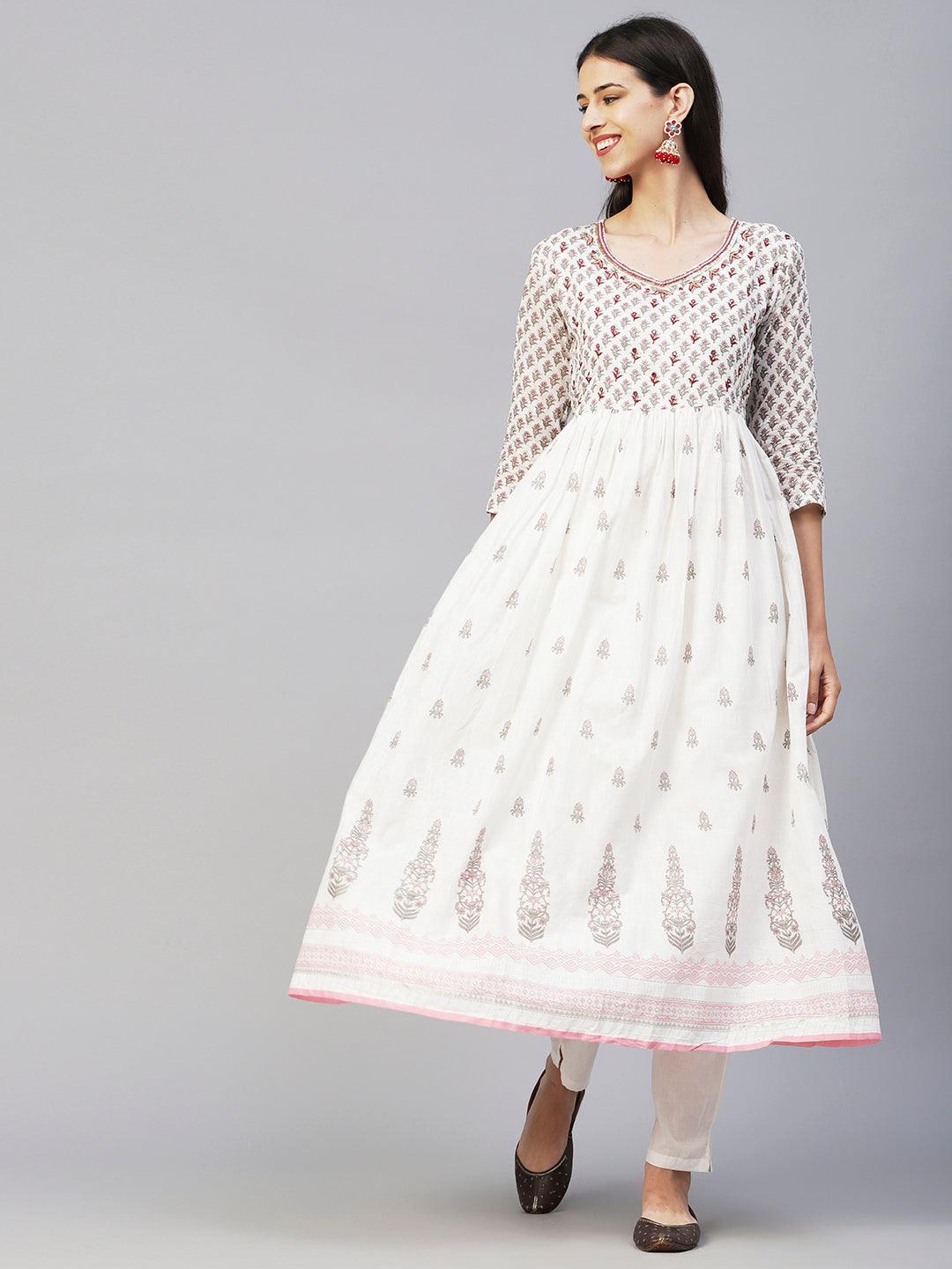 Floral Block Printed Mirror Embroidered Frock kurta with Pants & Dupatta - White & Pink - Indiakreations