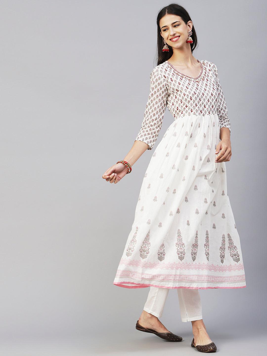 Floral Block Printed Mirror Embroidered Frock kurta with Pants & Dupatta - White & Pink - Indiakreations