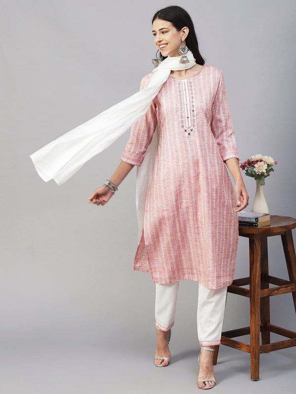 Woven Dobby Striped Mirror Embroidered Kurta With Pants & Sequined Dupatta - Pastel Rust - Indiakreations