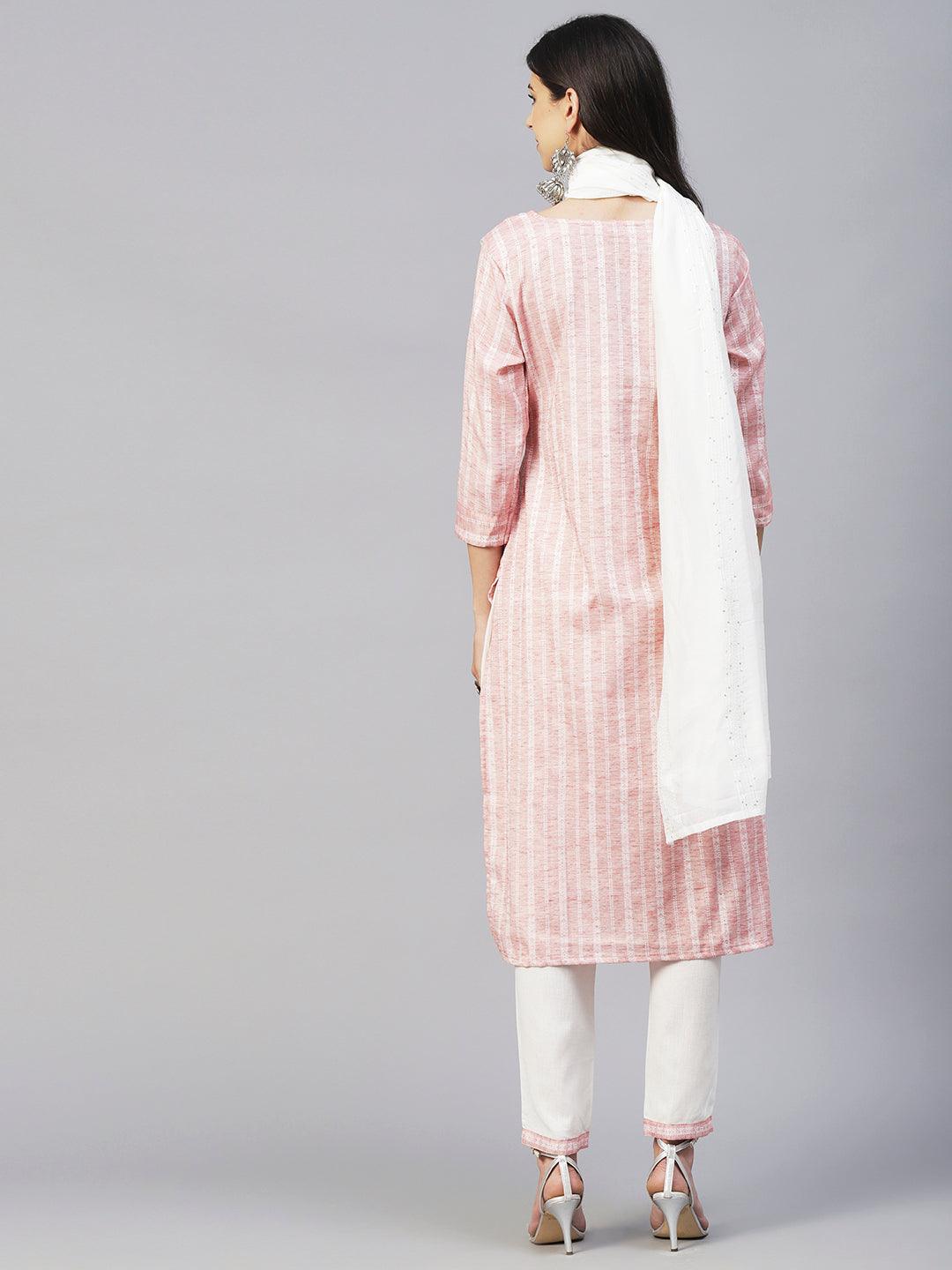 Woven Dobby Striped Mirror Embroidered Kurta With Pants & Sequined Dupatta - Pastel Rust - Indiakreations