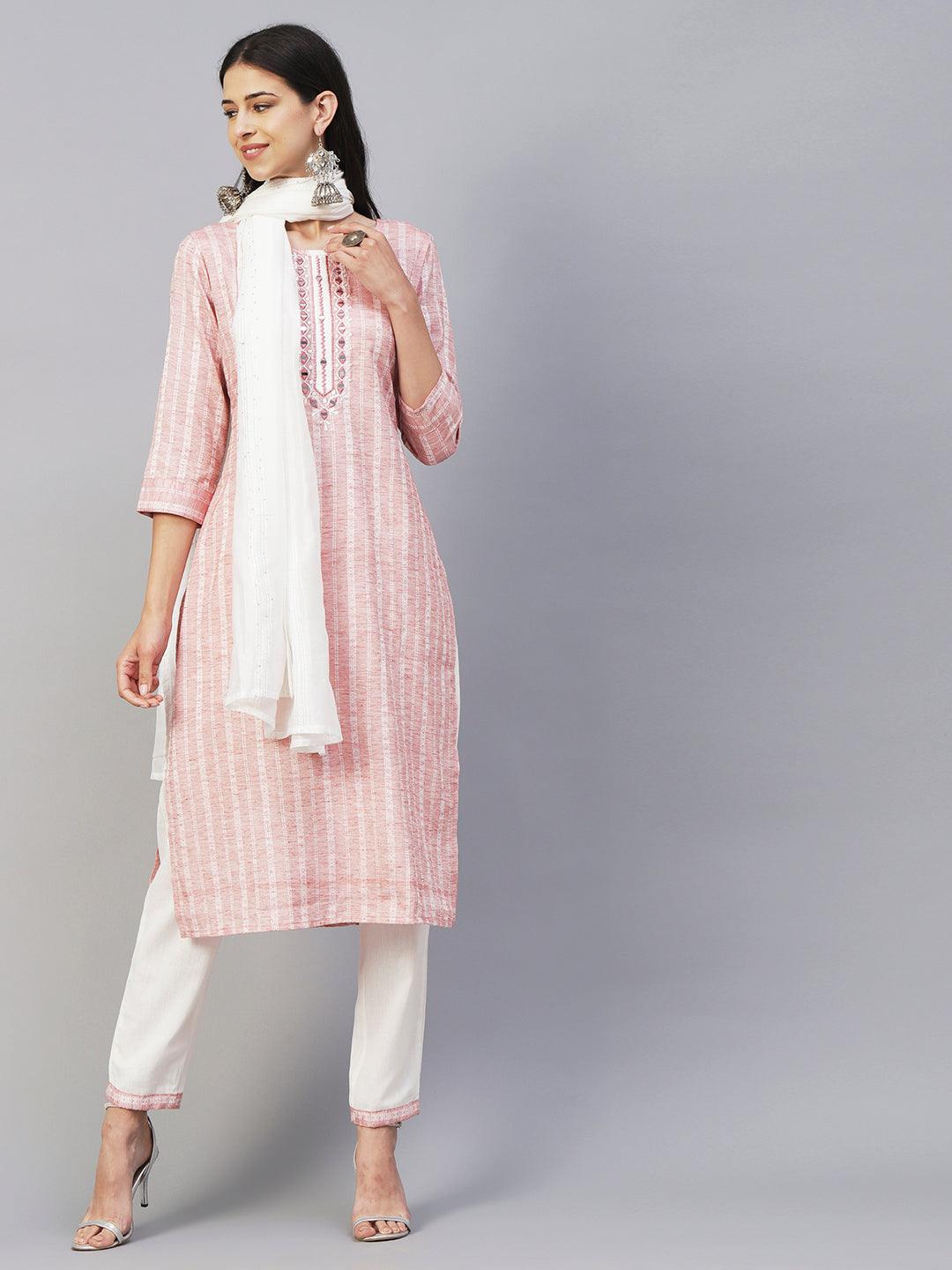 Woven Dobby Striped Mirror Embroidered Kurta With Pants & Sequined Dupatta - Pastel Rust - Indiakreations