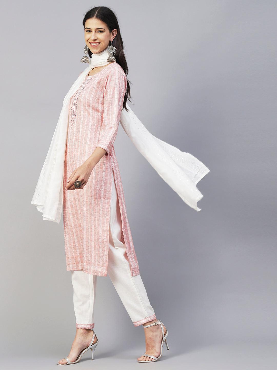 Woven Dobby Striped Mirror Embroidered Kurta With Pants & Sequined Dupatta - Pastel Rust - Indiakreations