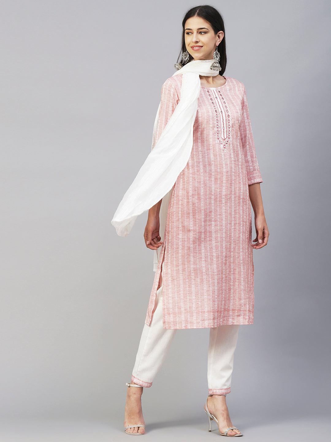 Woven Dobby Striped Mirror Embroidered Kurta With Pants & Sequined Dupatta - Pastel Rust - Indiakreations