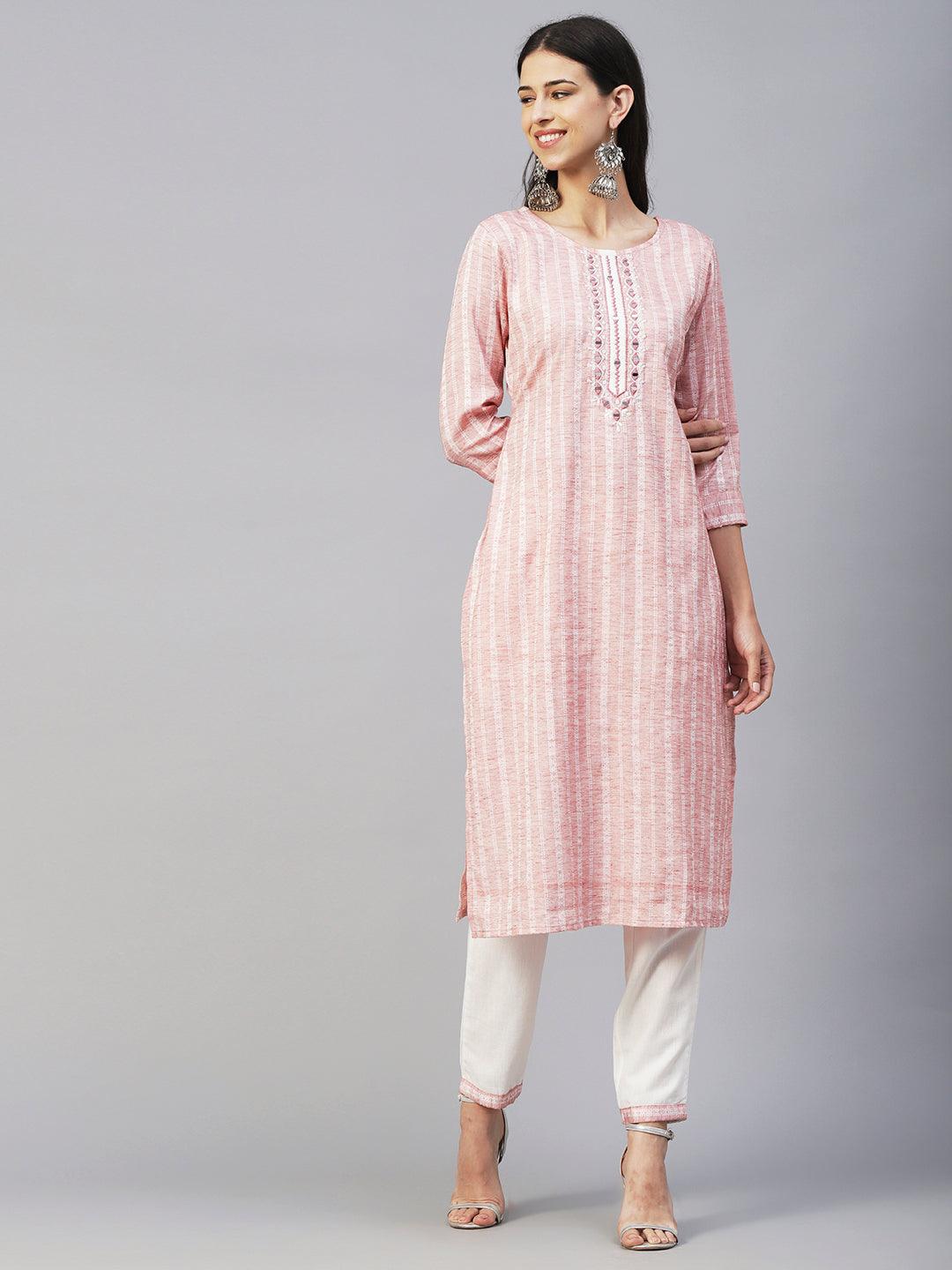 Woven Dobby Striped Mirror Embroidered Kurta With Pants & Sequined Dupatta - Pastel Rust - Indiakreations