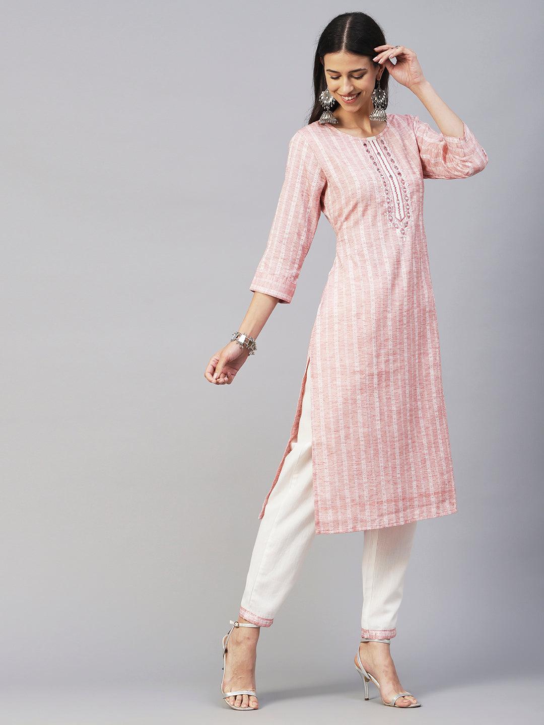 Woven Dobby Striped Mirror Embroidered Kurta With Pants & Sequined Dupatta - Pastel Rust - Indiakreations