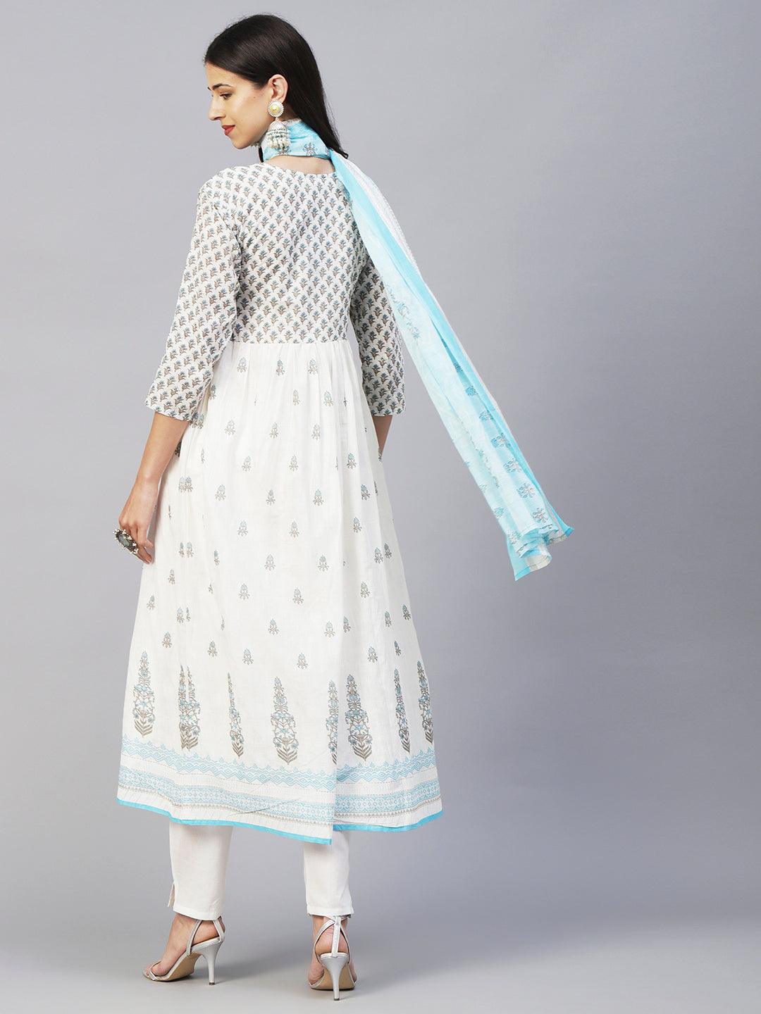 Floral Block Printed Mirror Embroidered Frock kurta with Pants & Dupatta - White & Blue - Indiakreations