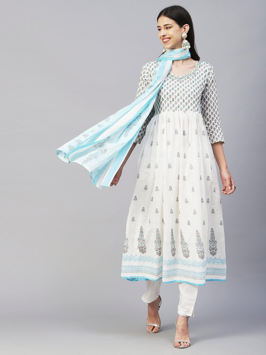 Floral Block Printed Mirror Embroidered Frock kurta with Pants & Dupatta - White & Blue - Indiakreations