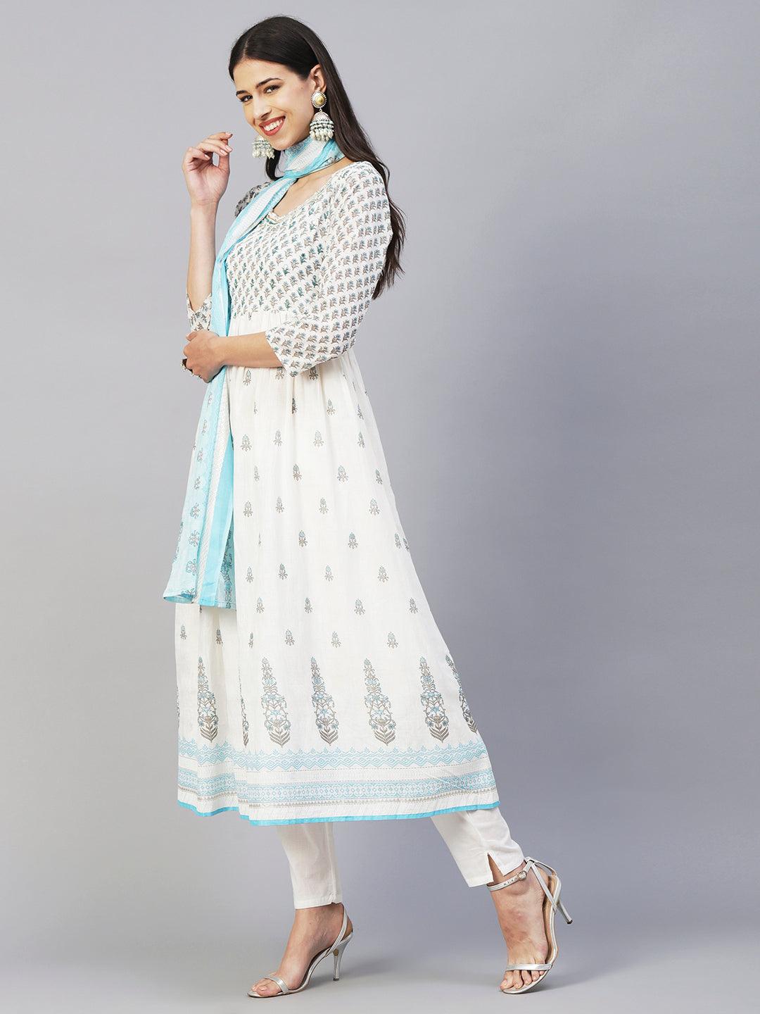 Floral Block Printed Mirror Embroidered Frock kurta with Pants & Dupatta - White & Blue - Indiakreations