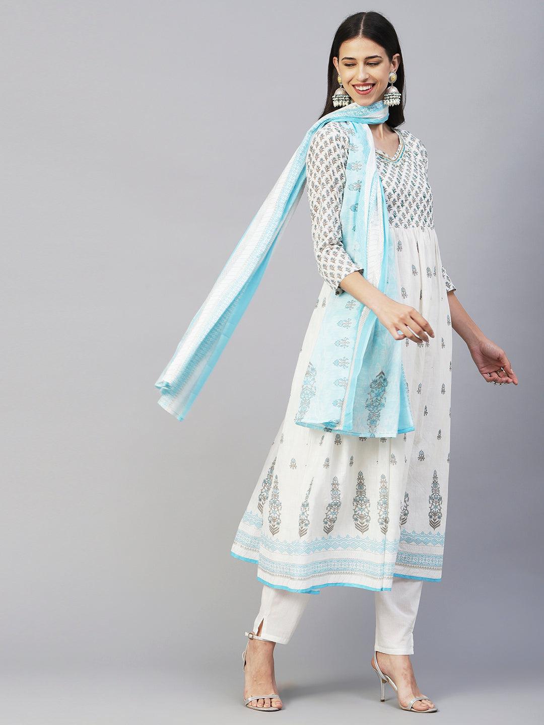 Floral Block Printed Mirror Embroidered Frock kurta with Pants & Dupatta - White & Blue - Indiakreations