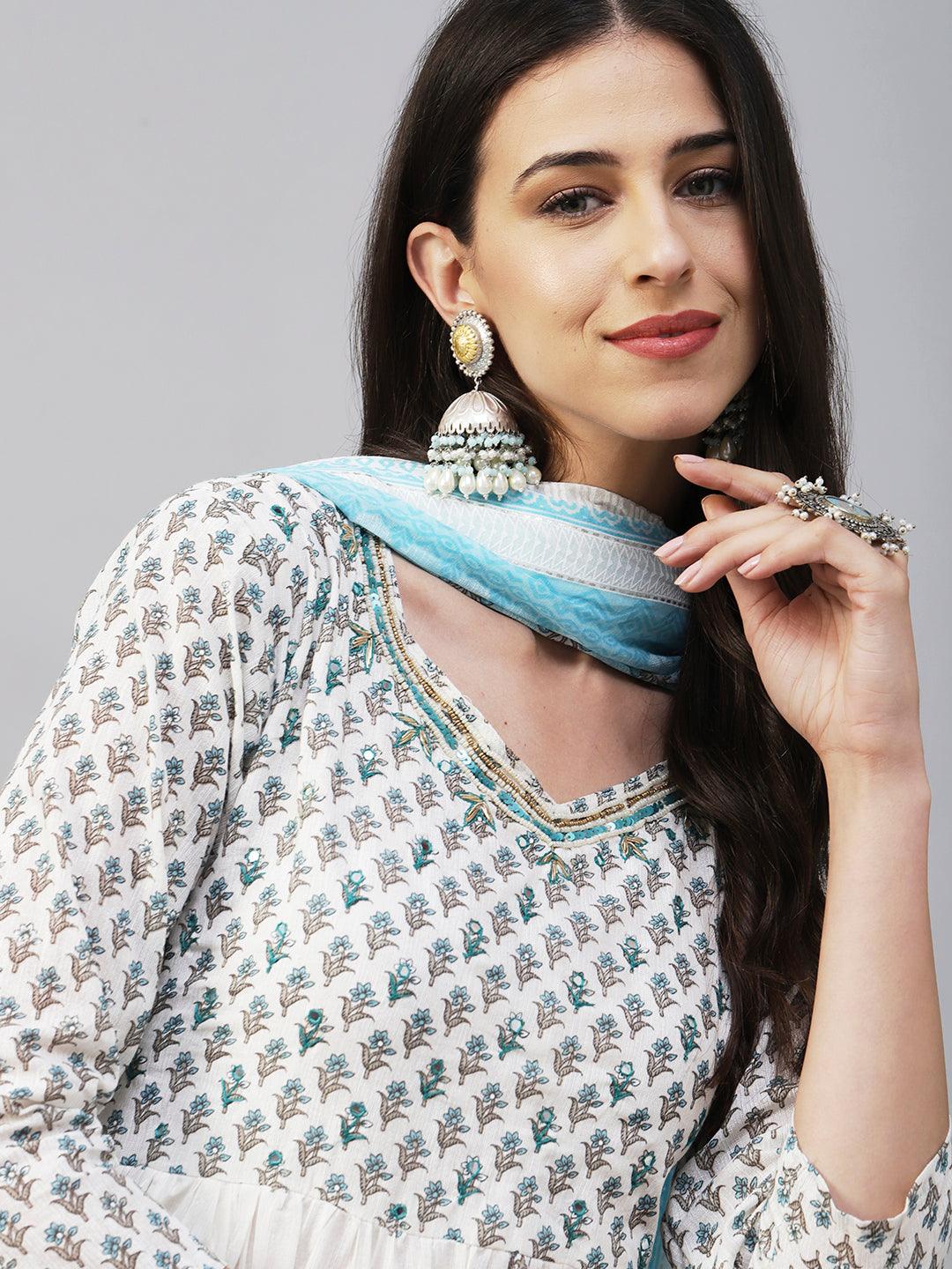 Floral Block Printed Mirror Embroidered Frock kurta with Pants & Dupatta - White & Blue - Indiakreations