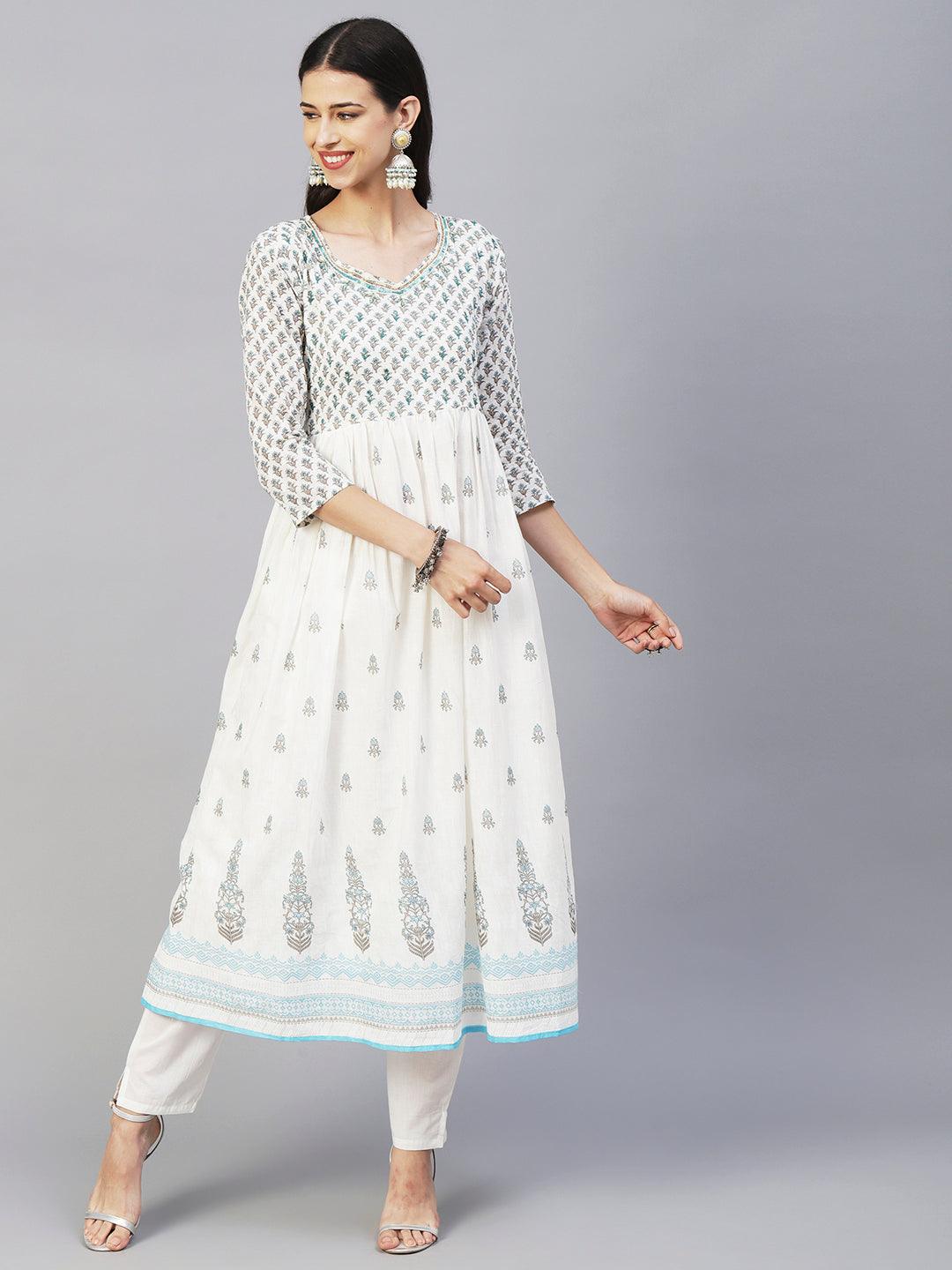 Floral Block Printed Mirror Embroidered Frock kurta with Pants & Dupatta - White & Blue - Indiakreations