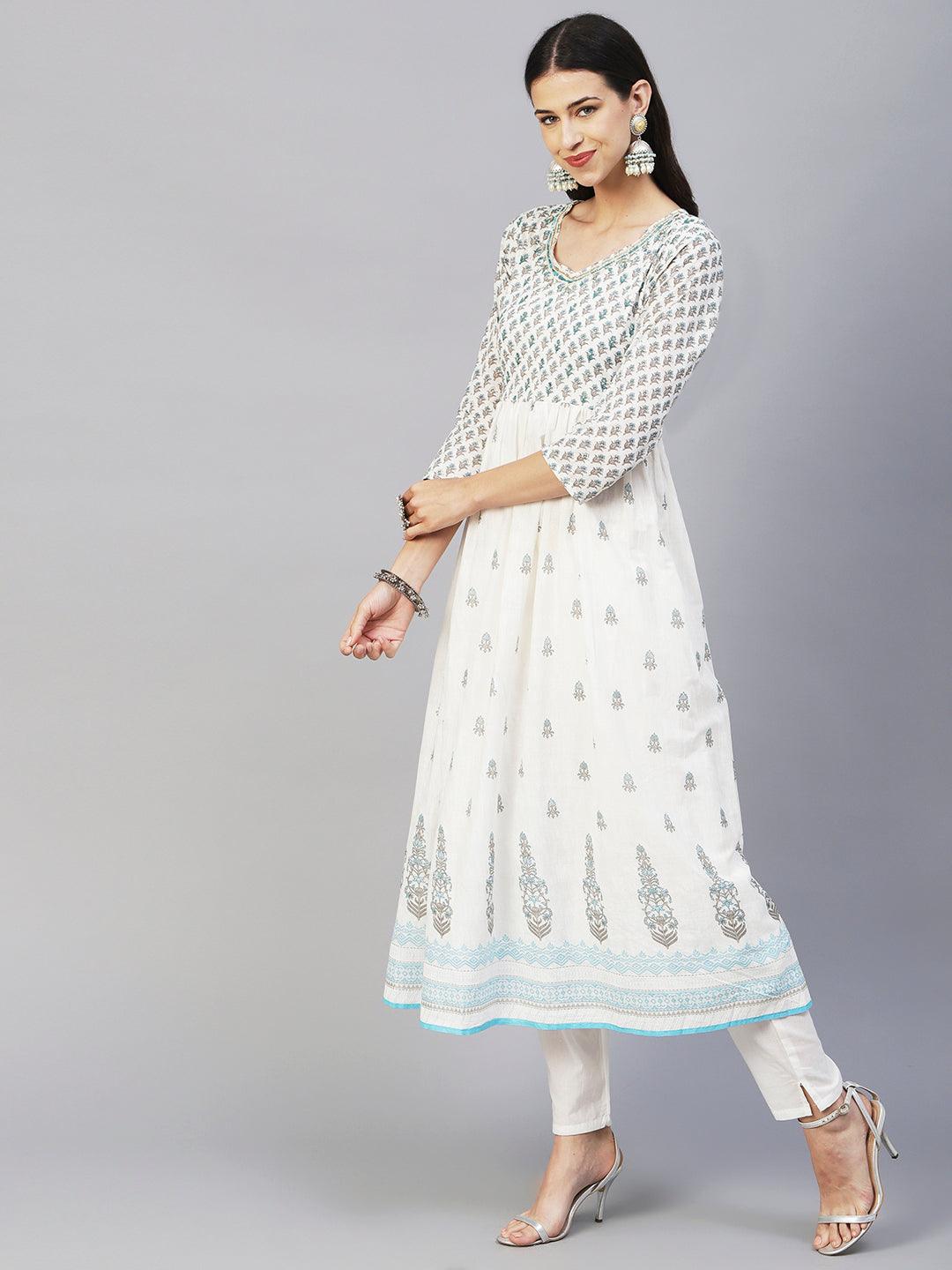 Floral Block Printed Mirror Embroidered Frock kurta with Pants & Dupatta - White & Blue - Indiakreations