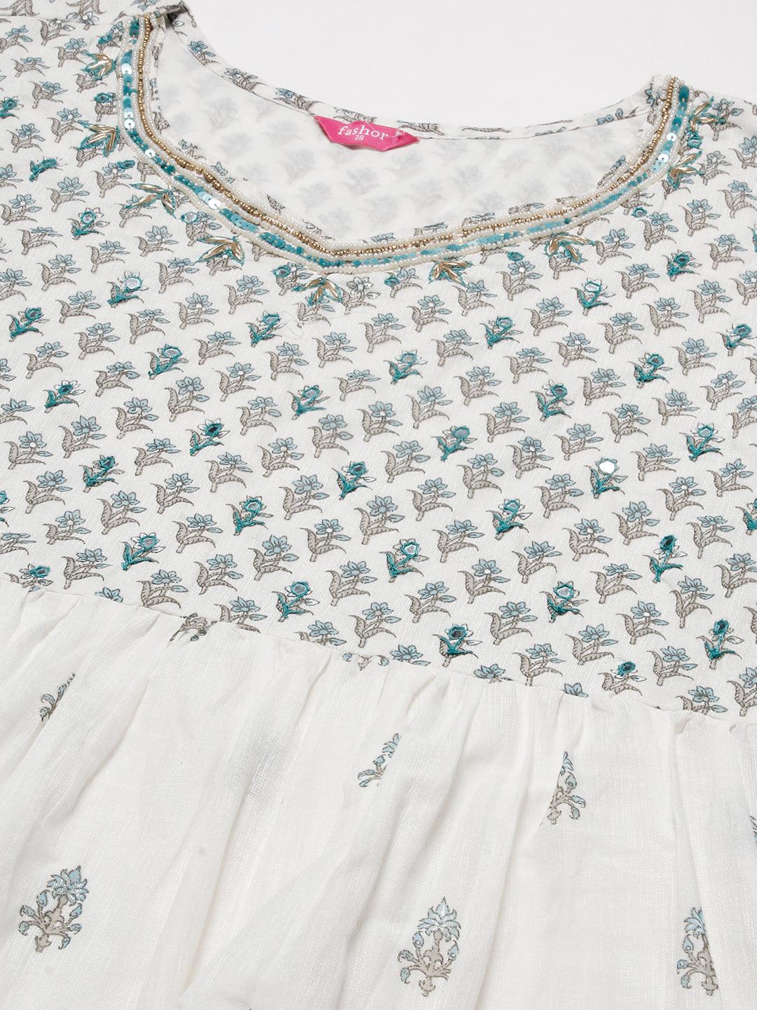 Floral Block Printed Mirror Embroidered Frock kurta with Pants & Dupatta - White & Blue - Indiakreations