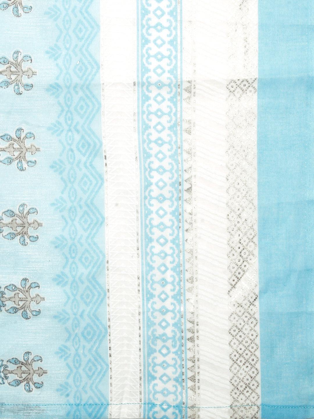 Floral Block Printed Mirror Embroidered Frock kurta with Pants & Dupatta - White & Blue - Indiakreations