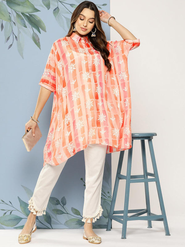 Floral Stripes Printed Kaftan Kurta with Pant - Peach - Indiakreations