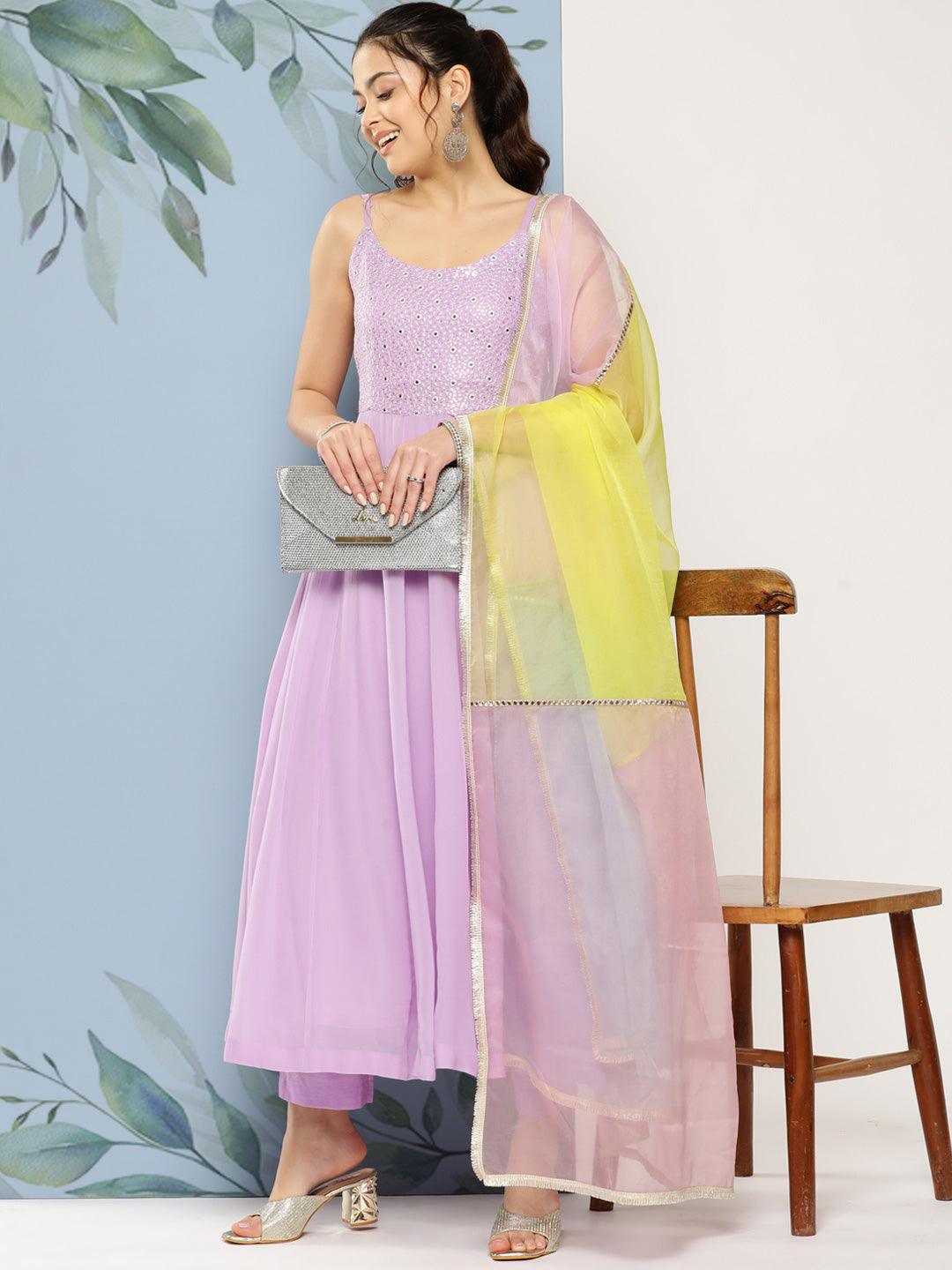 Solid Embroidered Anarkali Kurta with Pant & Colorblocked Dupatta - Lavender - Indiakreations