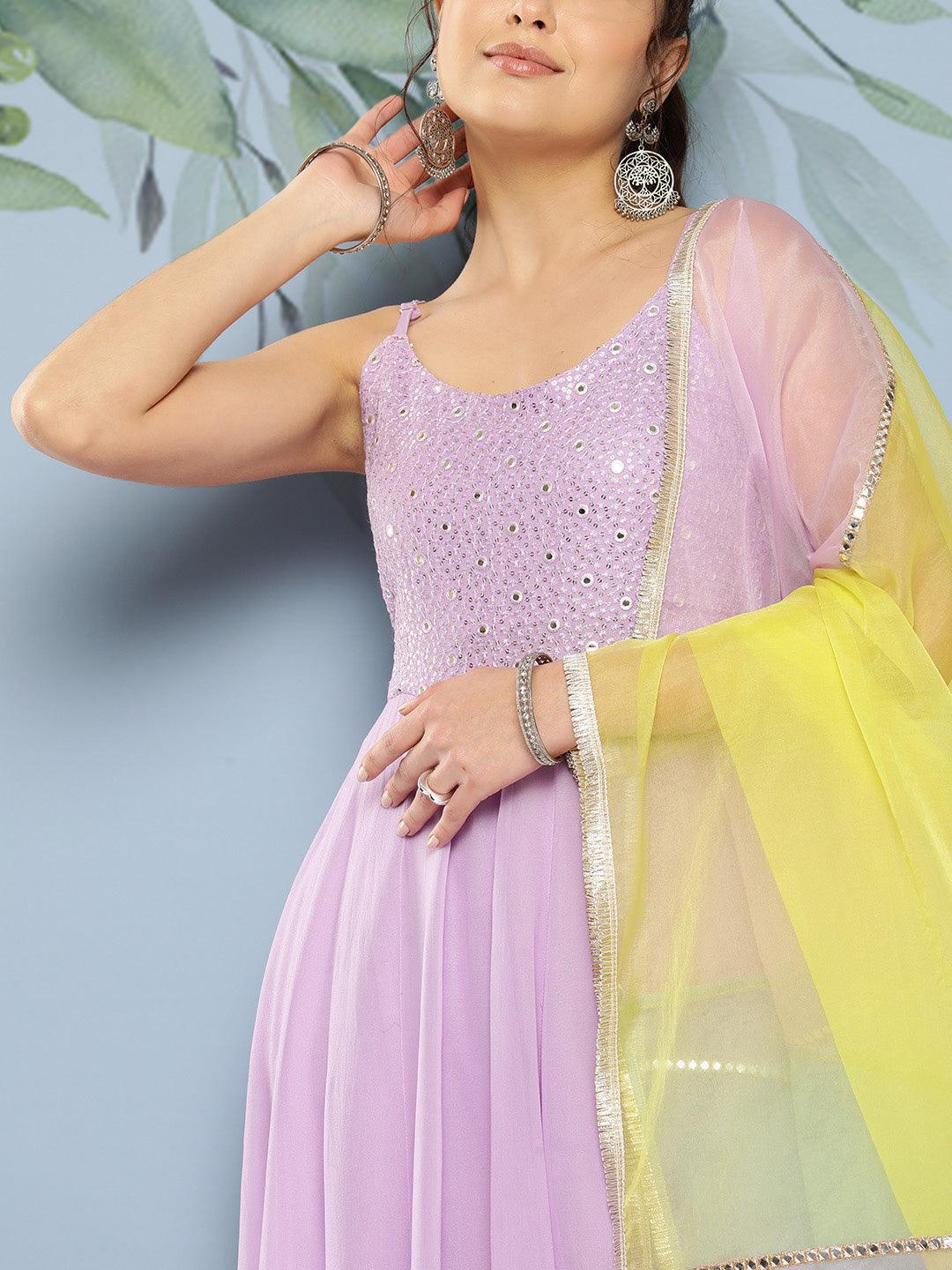 Solid Embroidered Anarkali Kurta with Pant & Colorblocked Dupatta - Lavender - Indiakreations