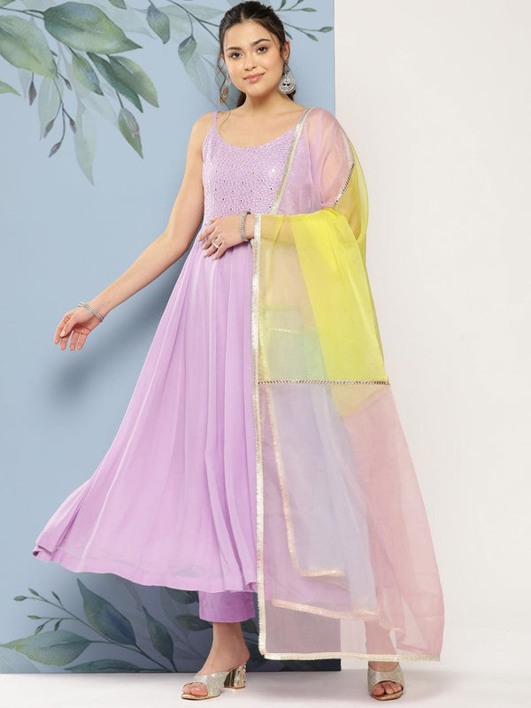 Solid Embroidered Anarkali Kurta with Pant & Colorblocked Dupatta - Lavender - Indiakreations