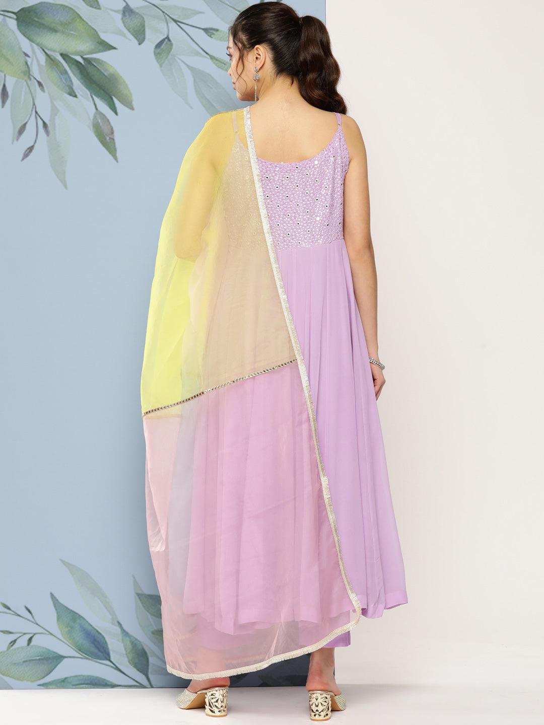 Solid Embroidered Anarkali Kurta with Pant & Colorblocked Dupatta - Lavender - Indiakreations