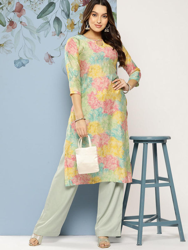 Ethnic Colorblocked Printed Straight Fit Kurta - Multi - Indiakreations