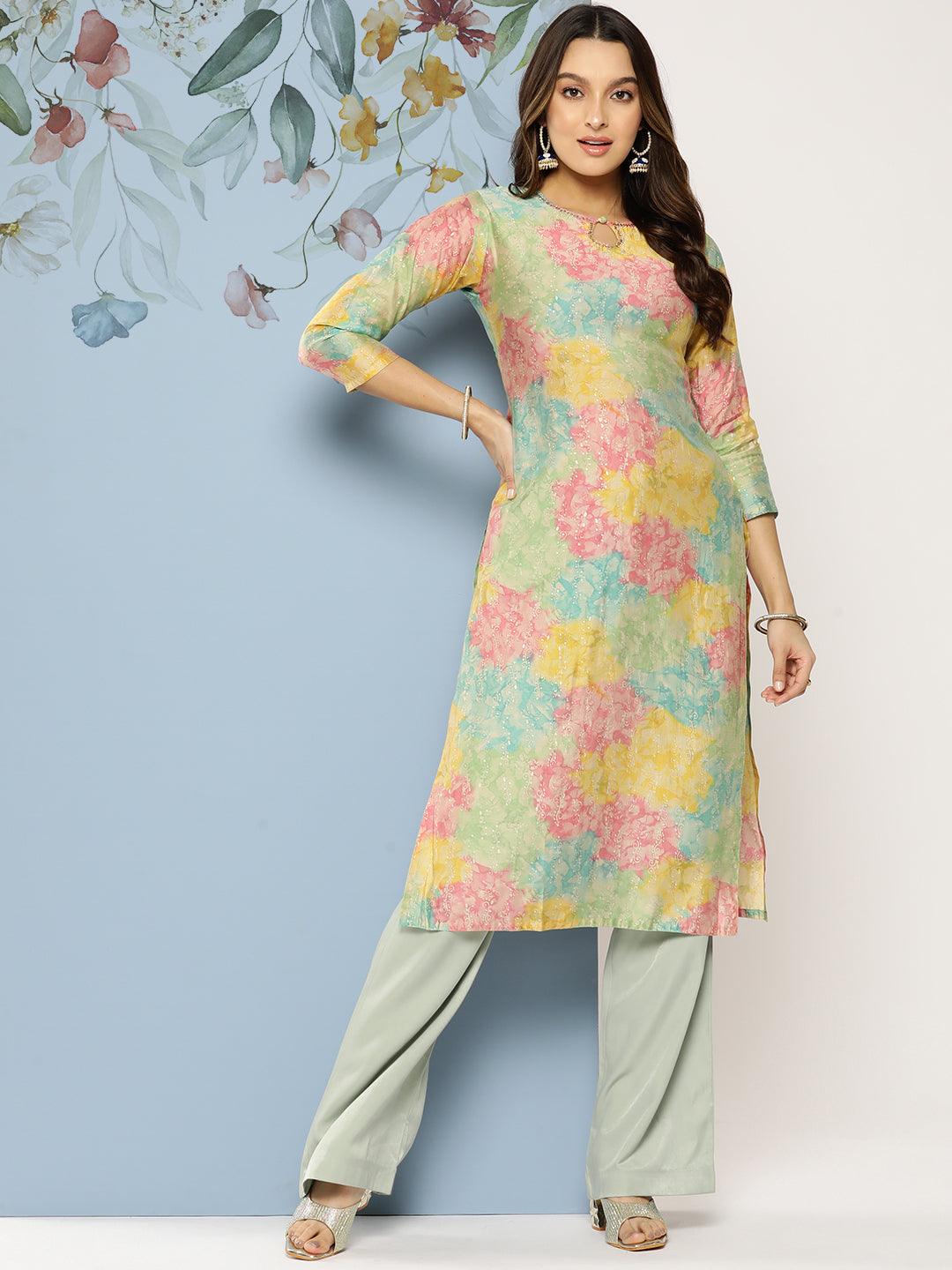 Ethnic Colorblocked Printed Straight Fit Kurta - Multi - Indiakreations