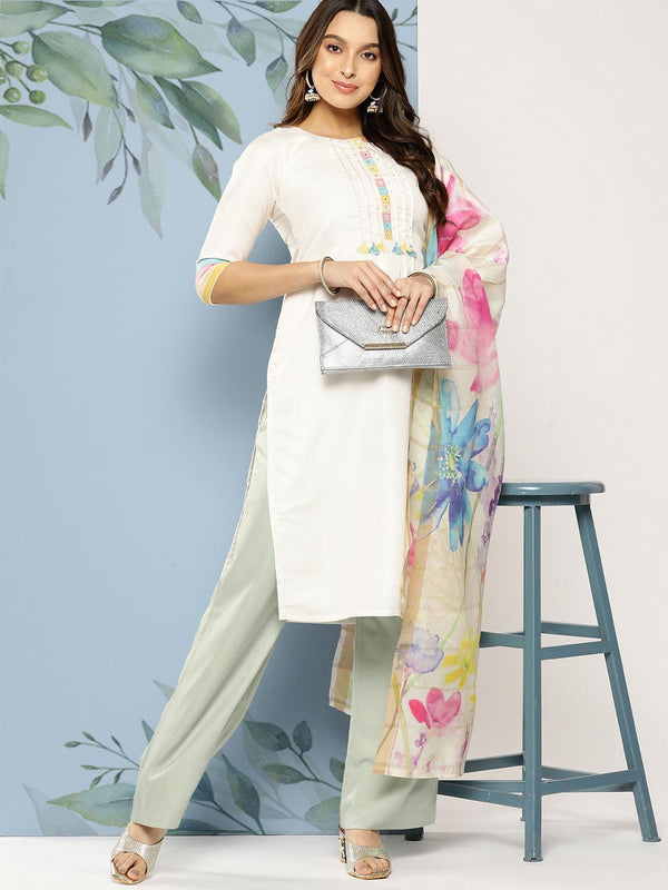 Solid Embroidered Straight Fit Kurta with Floral Printed Dupatta - Off White - Indiakreations