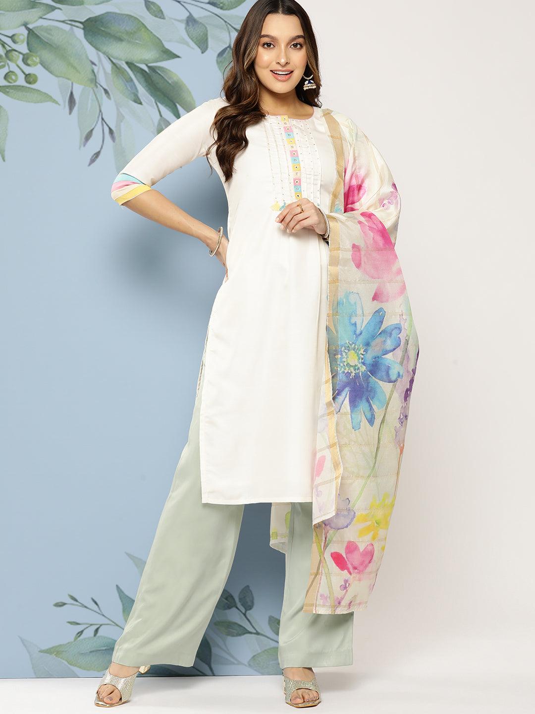 Solid Embroidered Straight Fit Kurta with Floral Printed Dupatta - Off White - Indiakreations