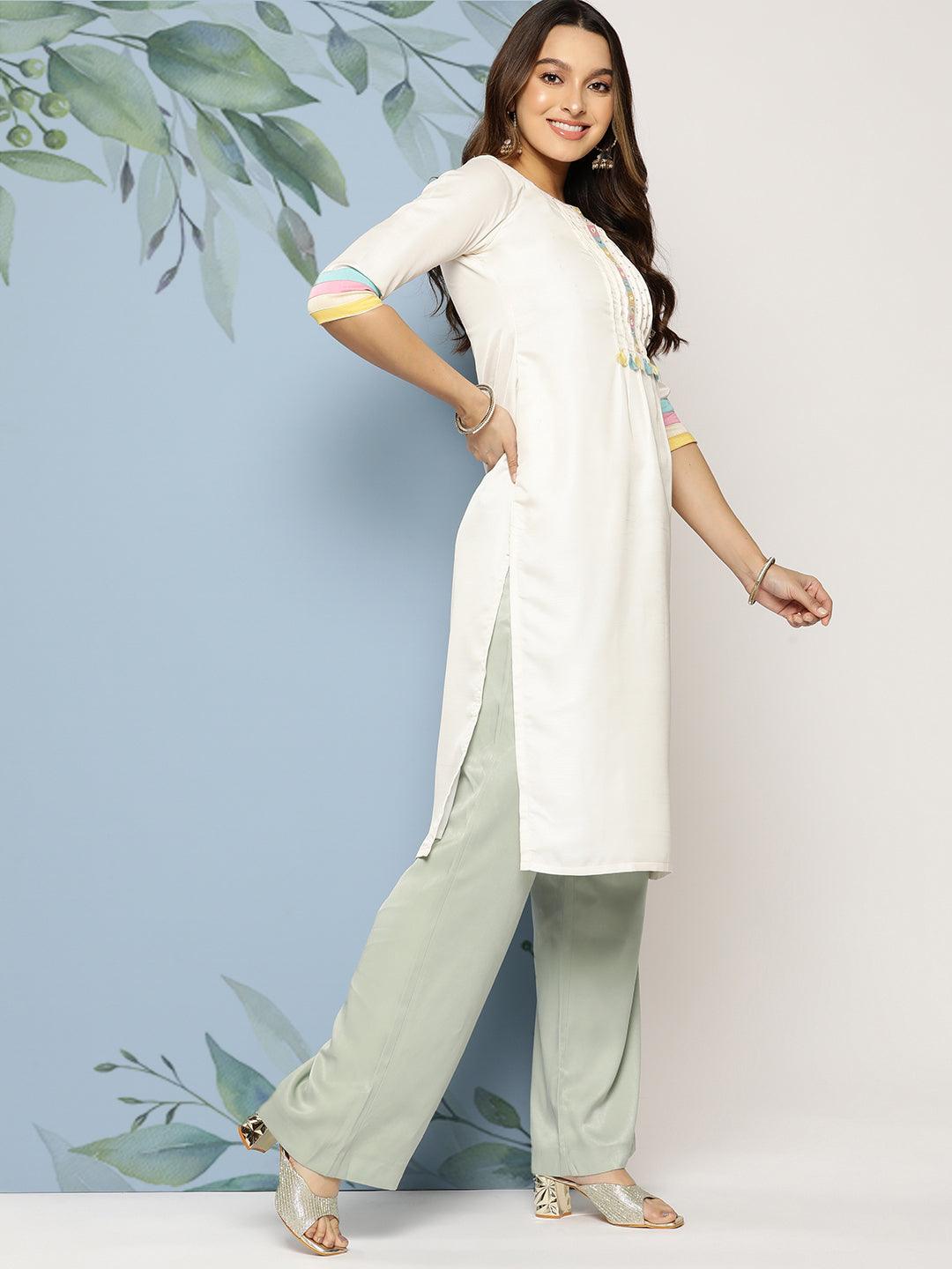 Solid Embroidered Straight Fit Kurta with Floral Printed Dupatta - Off White - Indiakreations