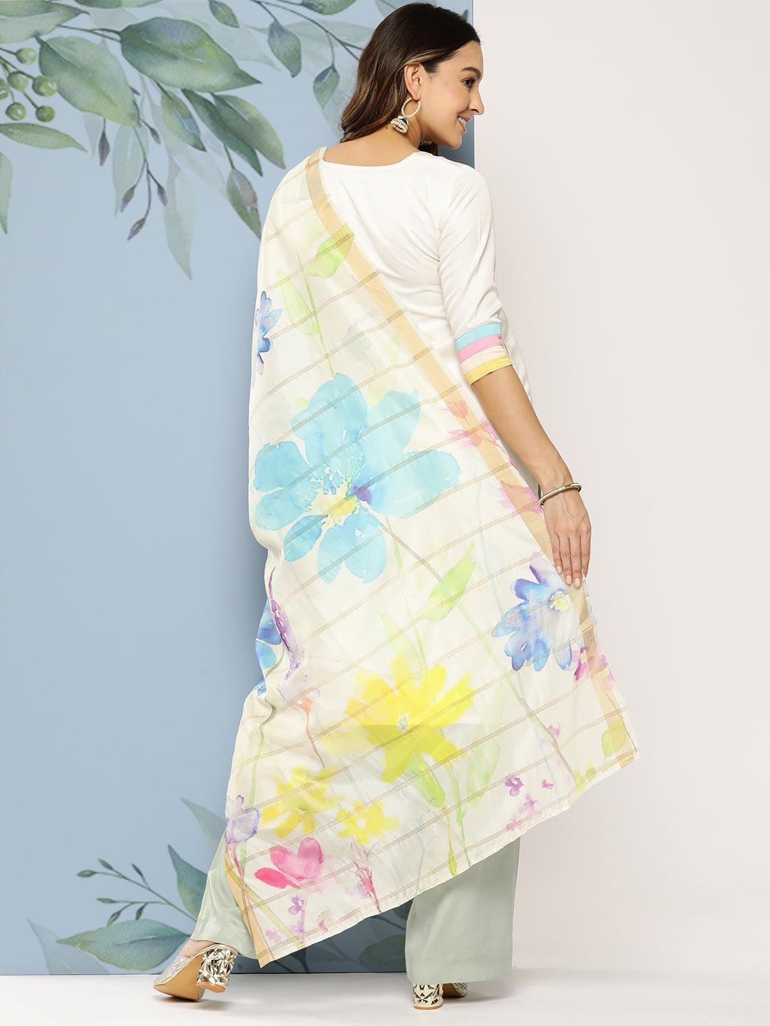 Solid Embroidered Straight Fit Kurta with Floral Printed Dupatta - Off White - Indiakreations