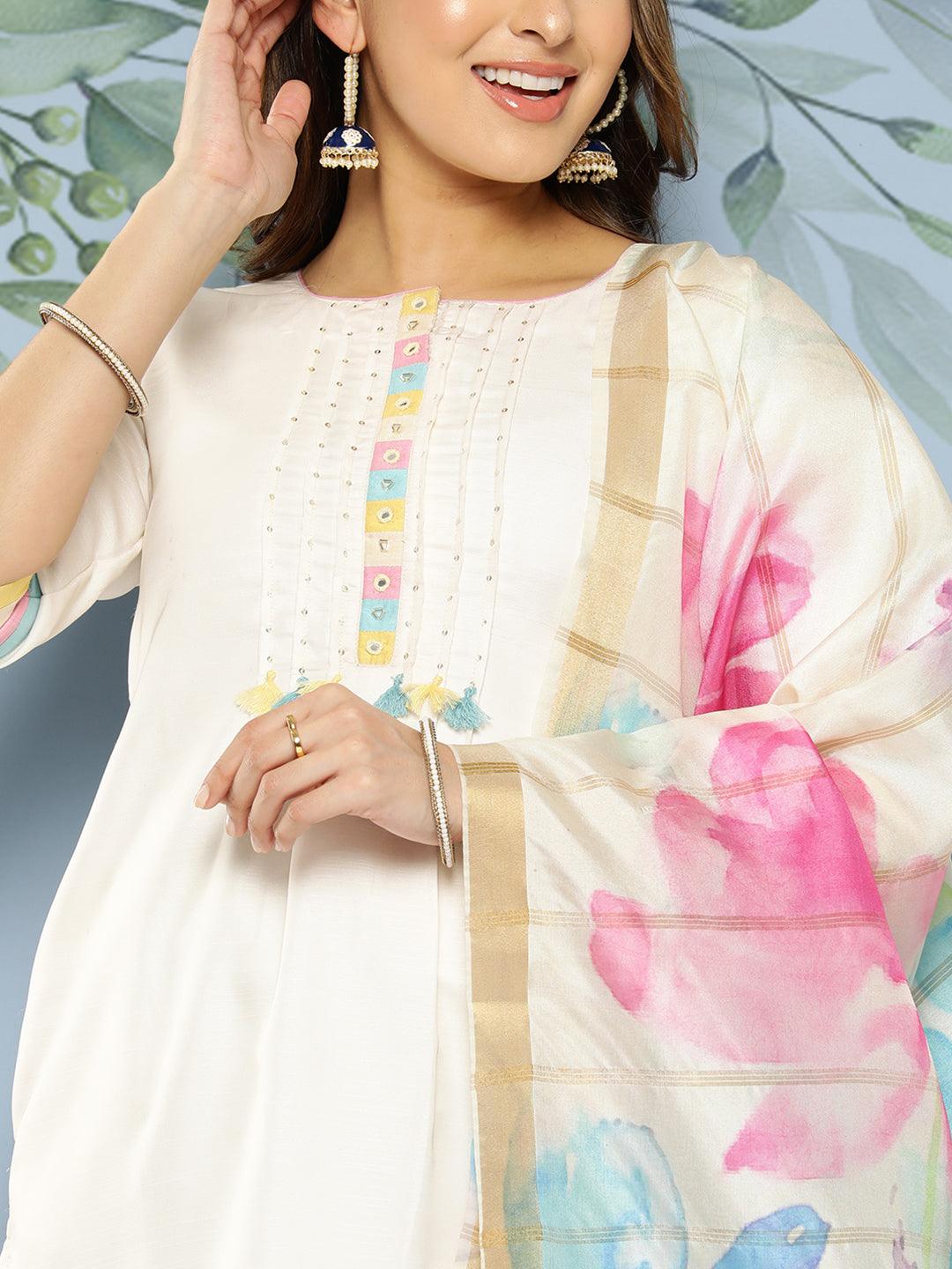 Solid Embroidered Straight Fit Kurta with Floral Printed Dupatta - Off White - Indiakreations