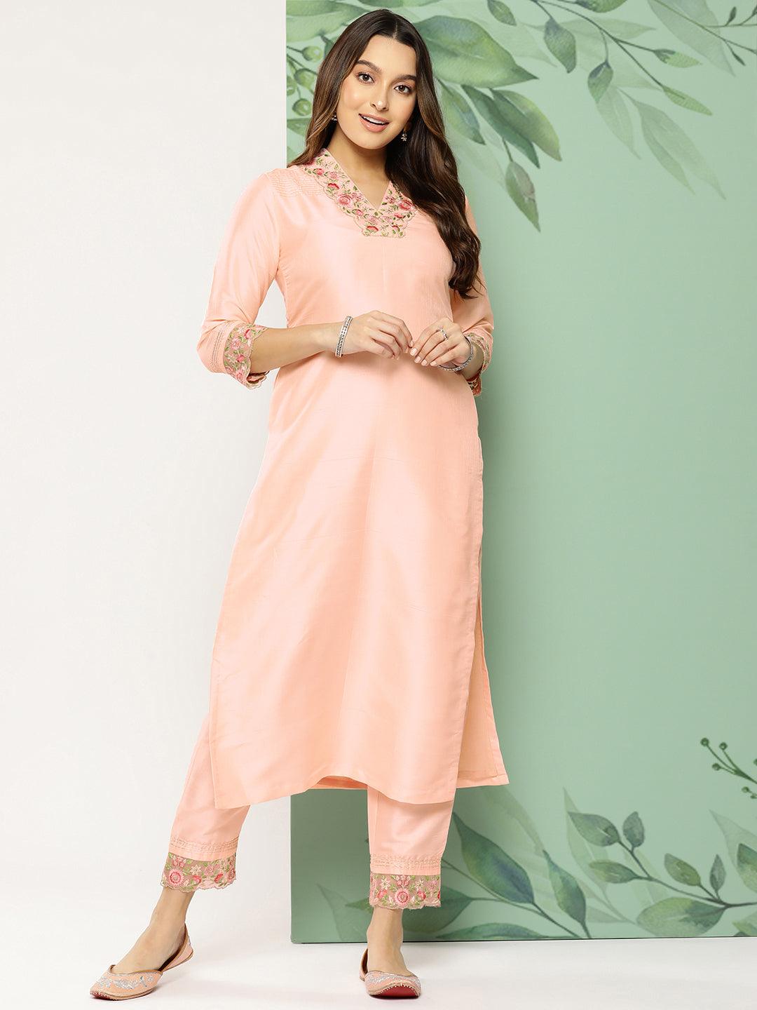 Solid Floral Embroidered Straight Fit Kurta with Pant - Peach - Indiakreations