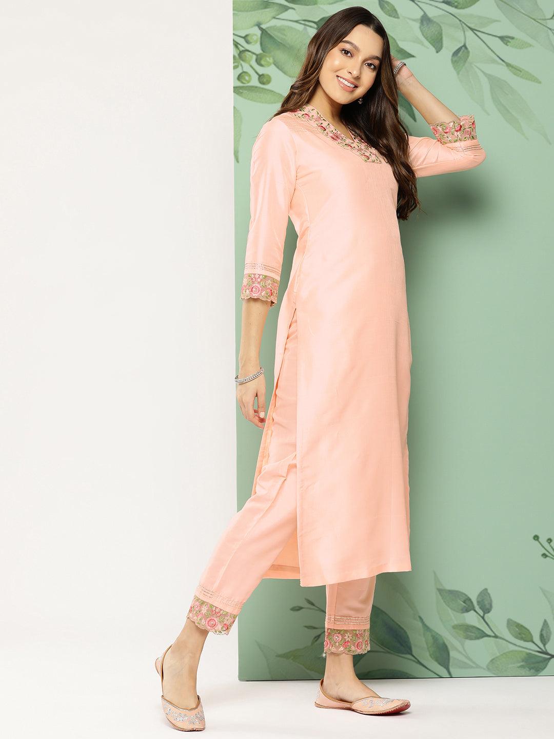 Solid Floral Embroidered Straight Fit Kurta with Pant - Peach - Indiakreations