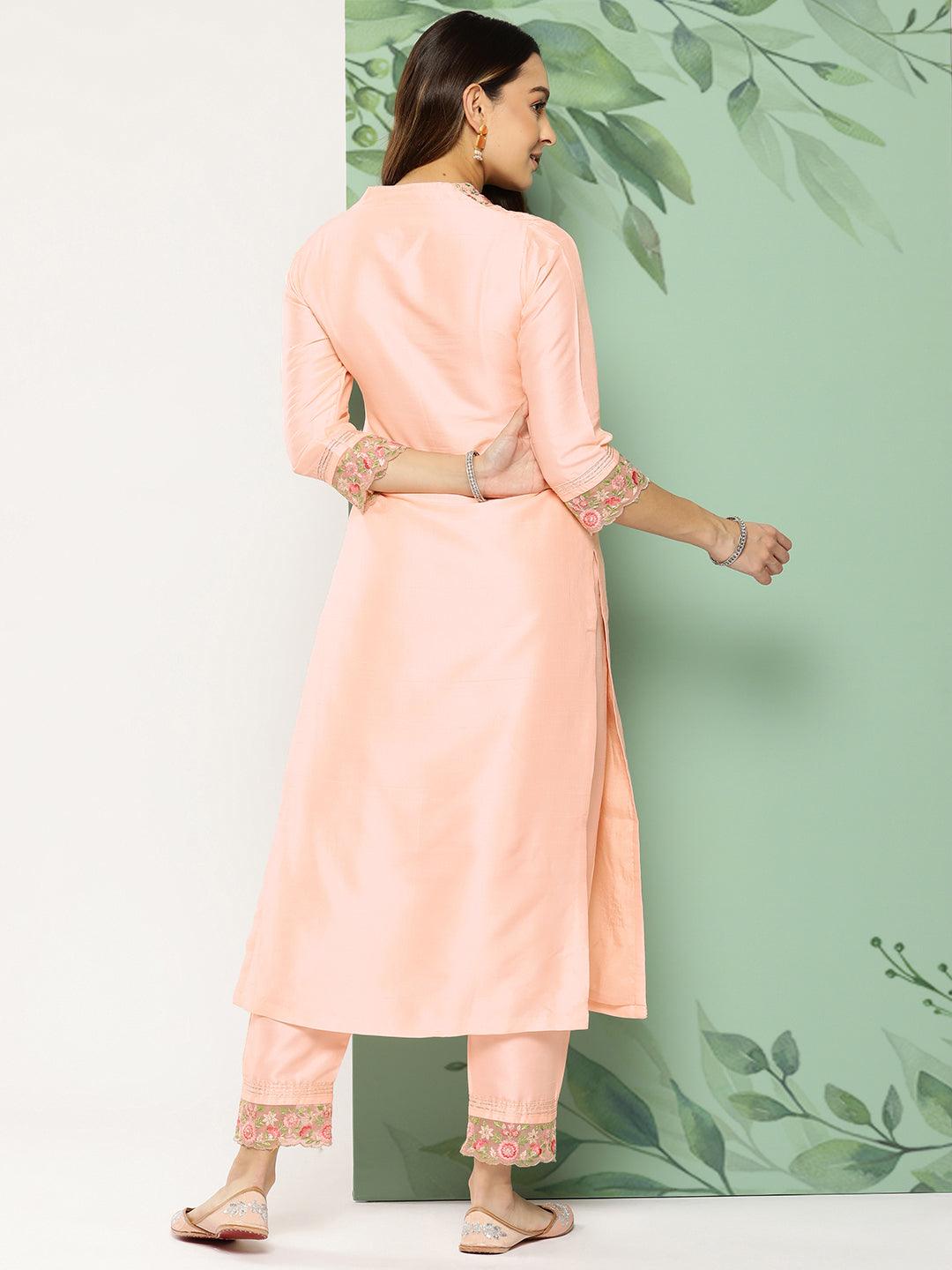 Solid Floral Embroidered Straight Fit Kurta with Pant - Peach - Indiakreations