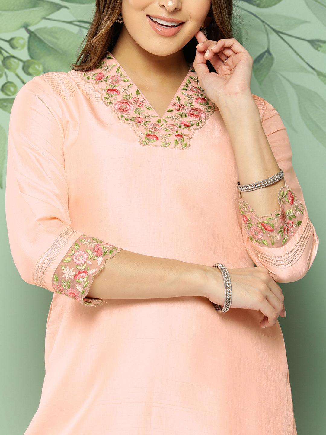 Solid Floral Embroidered Straight Fit Kurta with Pant - Peach - Indiakreations