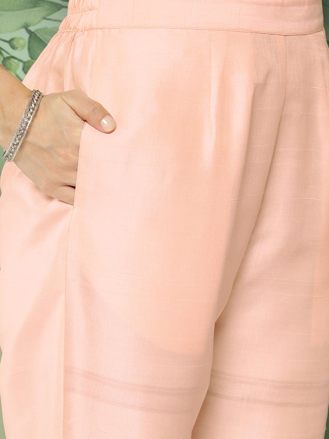 Solid Floral Embroidered Straight Fit Kurta with Pant - Peach - Indiakreations