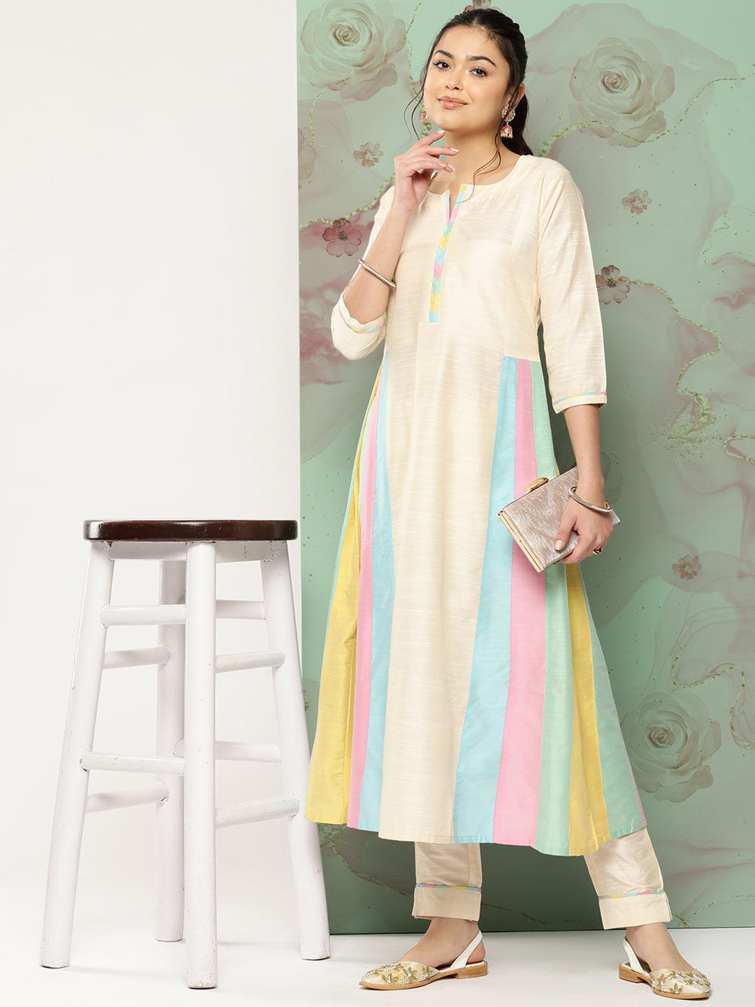 Solid Colorblocked A-Line Kurta with Pant - Off White - Indiakreations