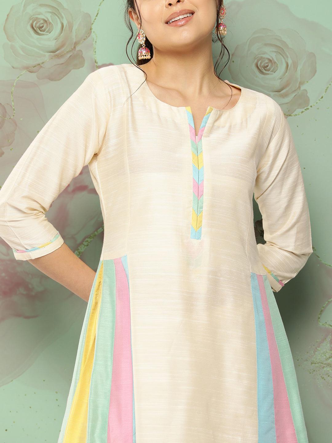 Solid Colorblocked A-Line Kurta with Pant - Off White - Indiakreations