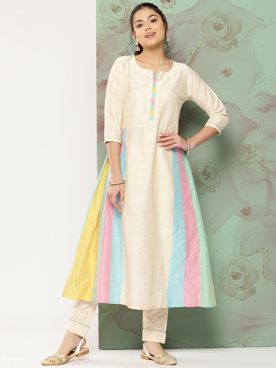 Solid Colorblocked A-Line Kurta with Pant - Off White - Indiakreations