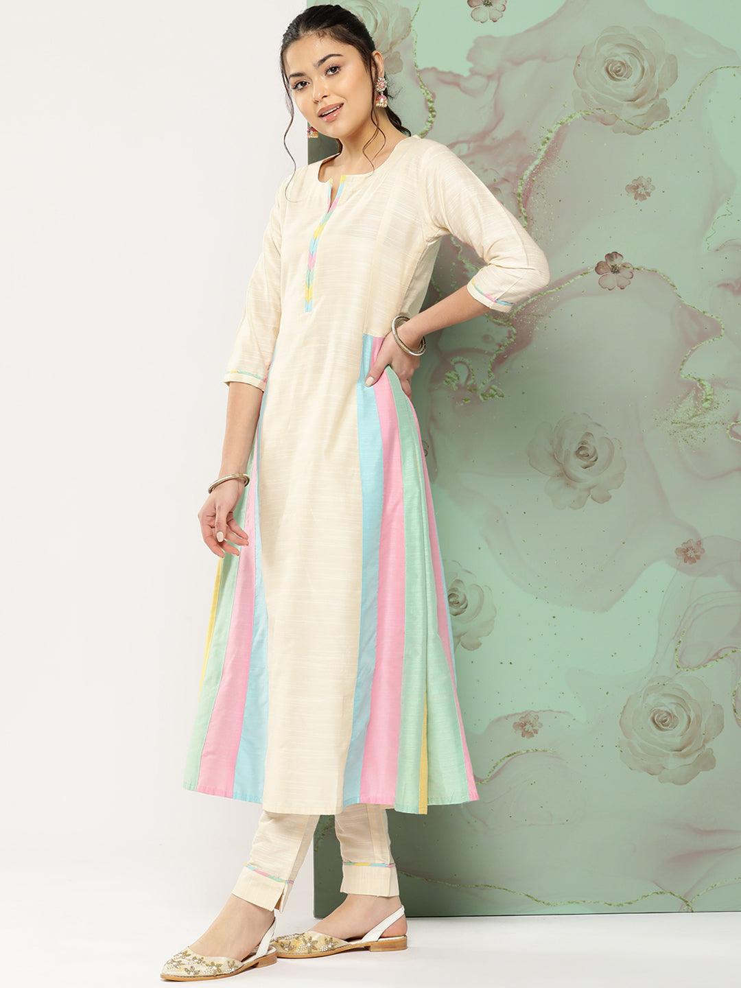 Solid Colorblocked A-Line Kurta with Pant - Off White - Indiakreations