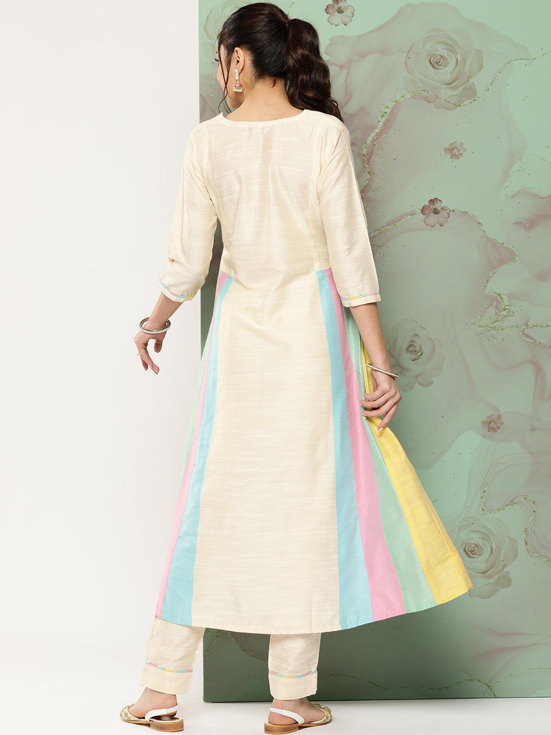 Solid Colorblocked A-Line Kurta with Pant - Off White - Indiakreations